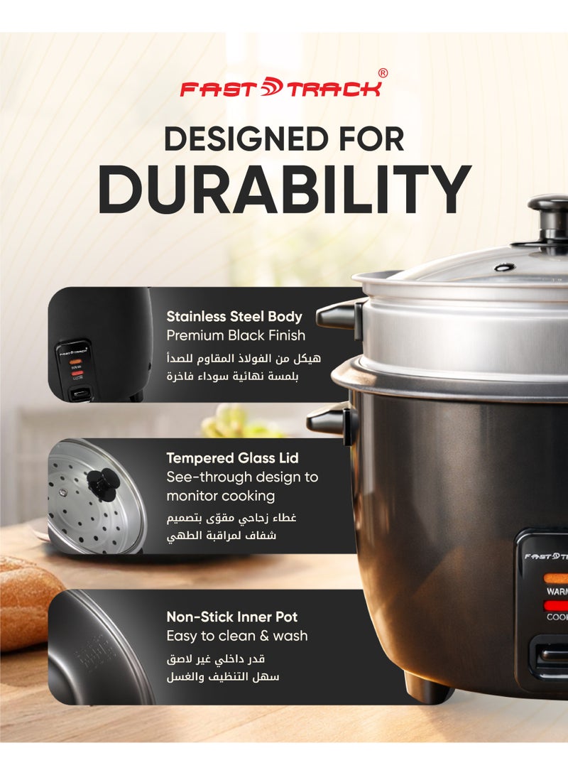 فاست تراك طباخة أرز 3 في 1 بسعة 1.8 لتر مع سلة تبخير، قدر داخلي غير لاصق، وظائف الطهي والتبخير والحفاظ على السخونة، تشغيل بلمسة واحدة، 700 واط – RC-1801BK - Image 3